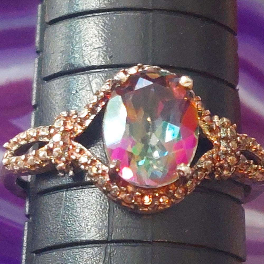 Mystic Topaz signed sterling silver ring 8 to 8 1/4 with marcasite